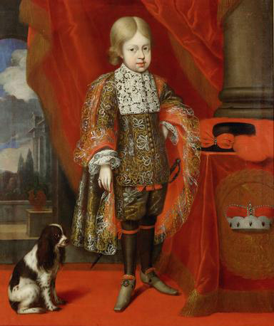 Kaiser Joseph I. (1678-1711) im Alter von sechs Jahren mit einem Hund, in ganzer Figur